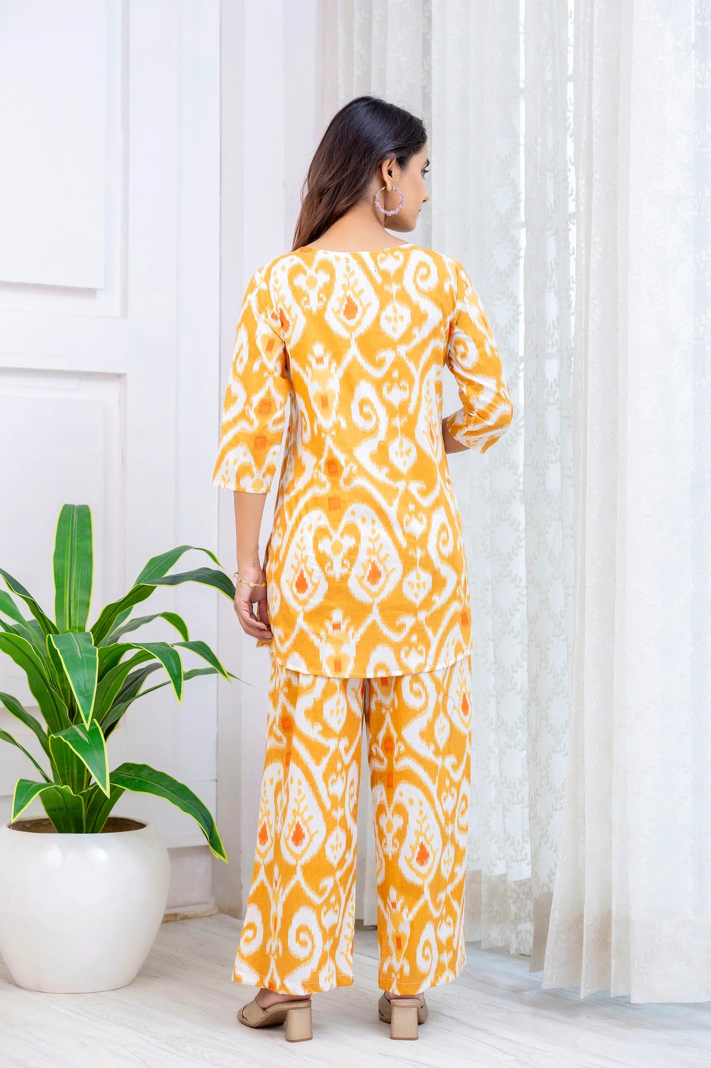 Mustard Ikat Print Co-Ord Set with 3/4 Sleeves