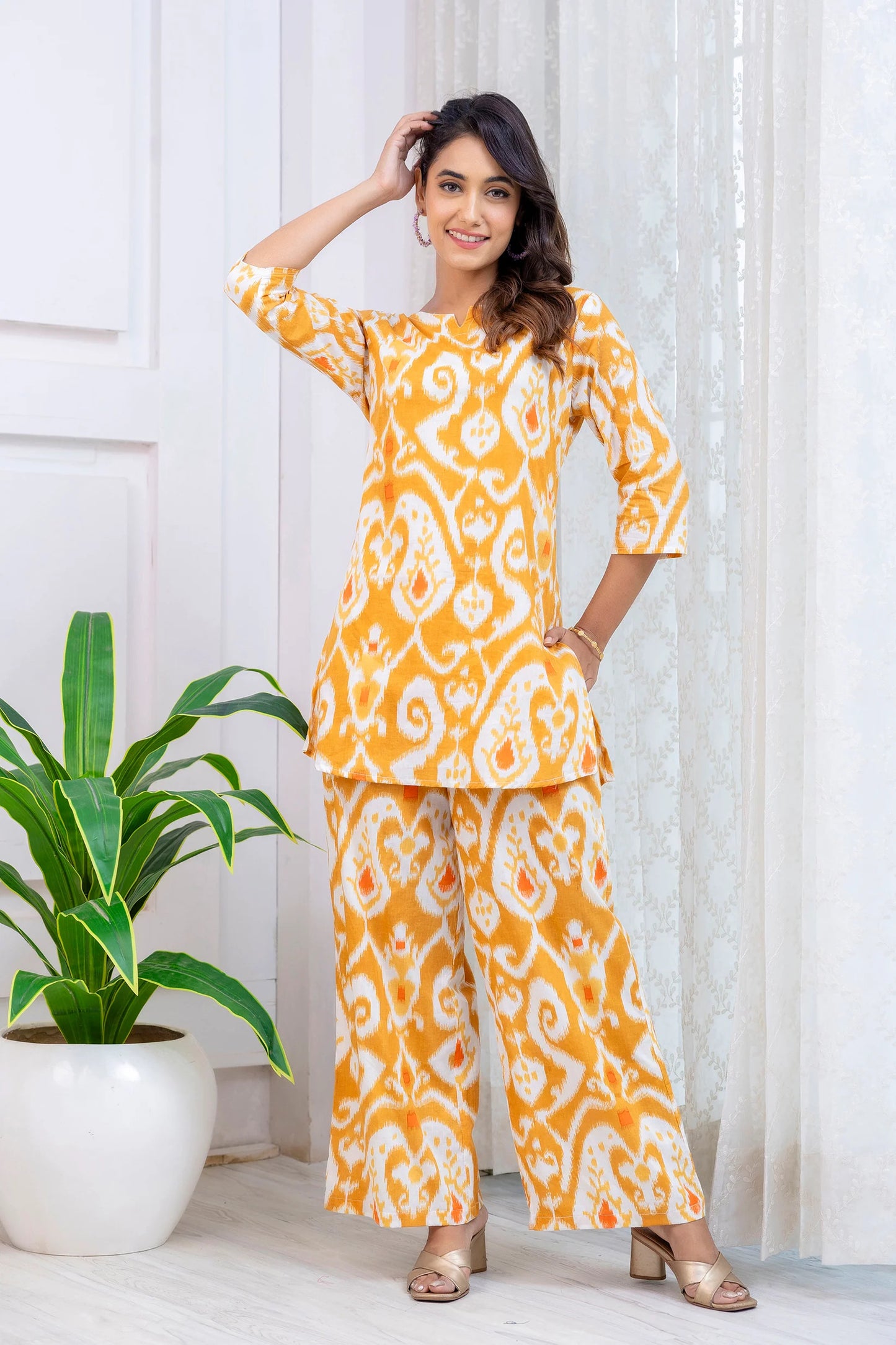 Mustard Ikat Print Co-Ord Set with 3/4 Sleeves