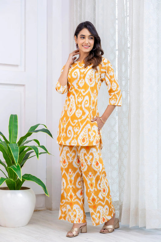 Mustard Ikat Print Co-Ord Set with 3/4 Sleeves