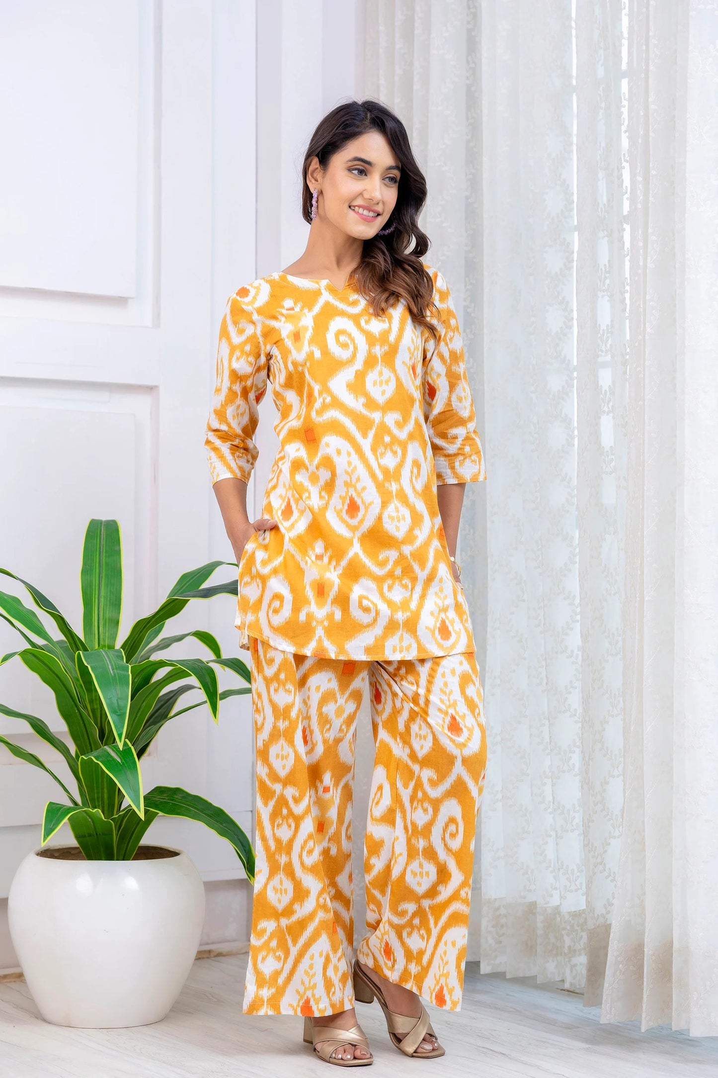 Mustard Ikat Print Co-Ord Set with 3/4 Sleeves