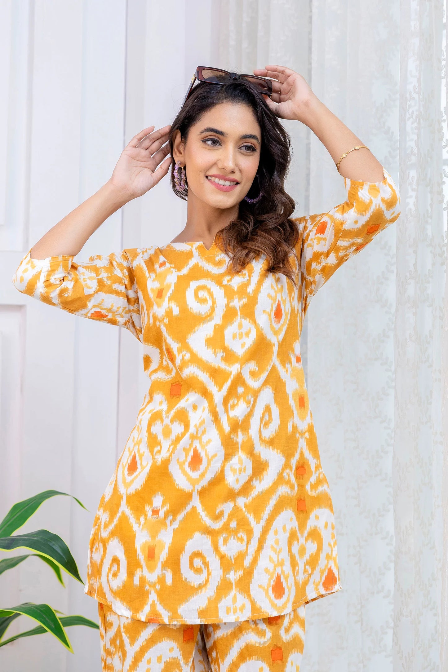 Mustard Ikat Print Co-Ord Set with 3/4 Sleeves