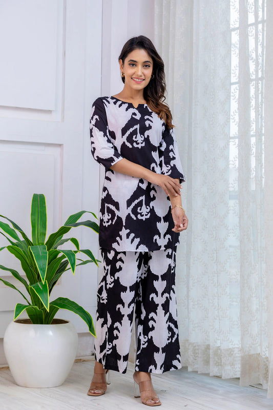 Black & White Ikat Print Cotton Co-ord Set with 3/4 Sleeves