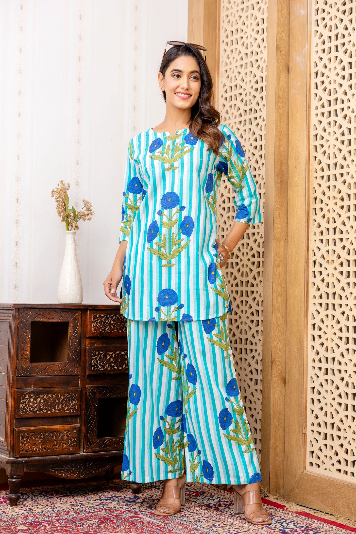 Floral Print Blue Cotton Co-Ord Set with 3/4 Sleeves