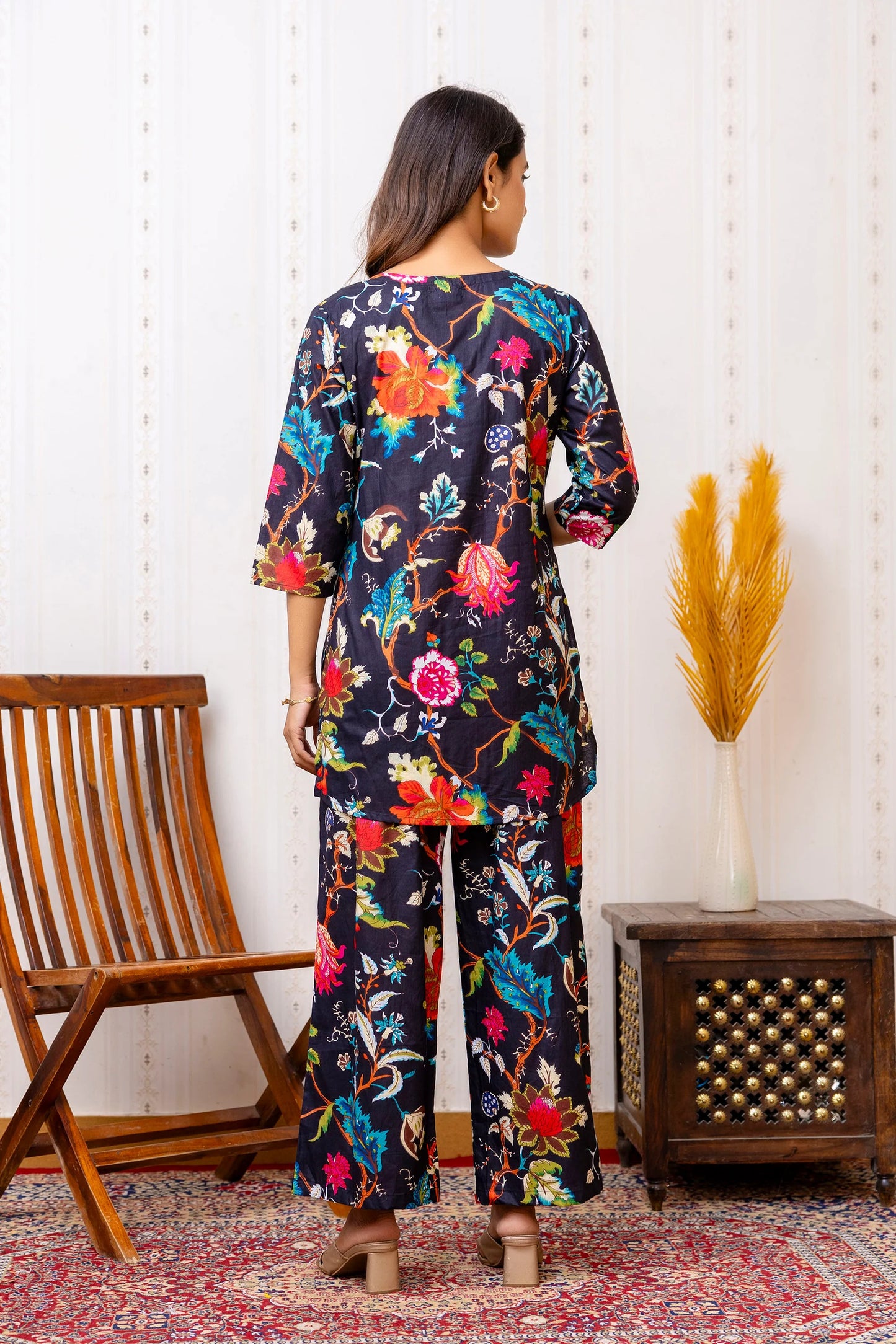 Vibrant Floral Print Black Cotton Co-ord Set with 3/4 Sleeves