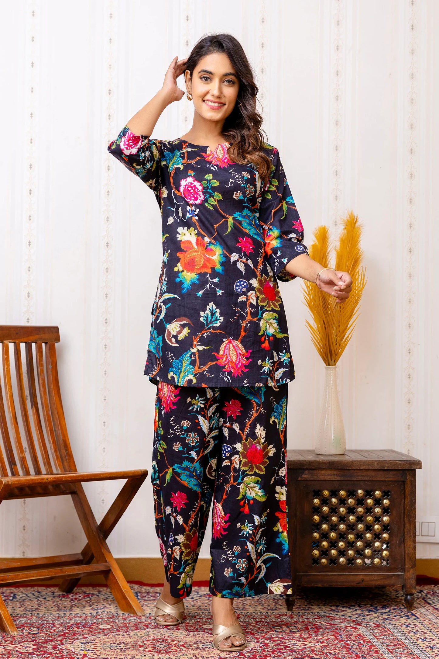 Vibrant Floral Print Black Cotton Co-ord Set with 3/4 Sleeves