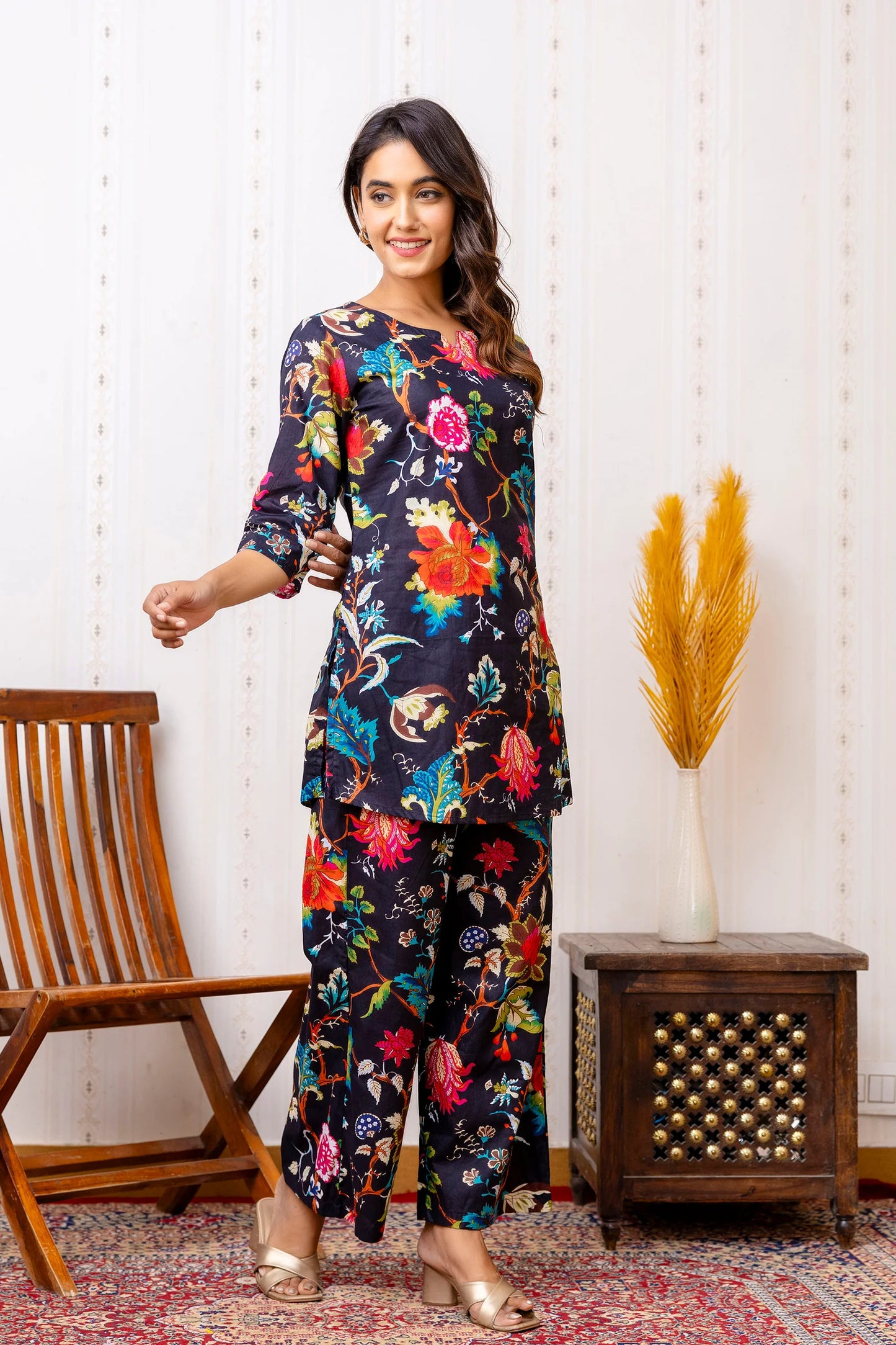 Vibrant Floral Print Black Cotton Co-ord Set with 3/4 Sleeves