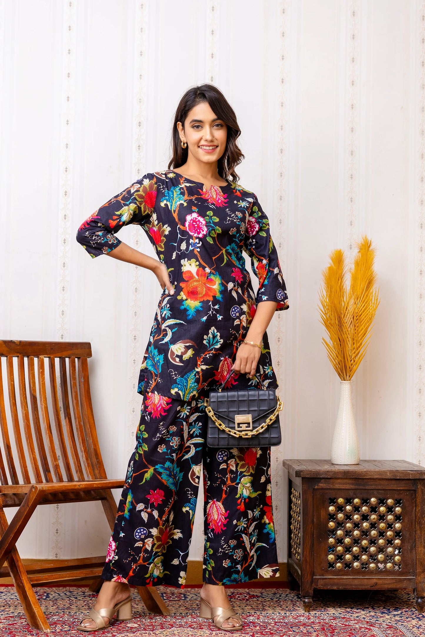 Vibrant Floral Print Black Cotton Co-ord Set with 3/4 Sleeves