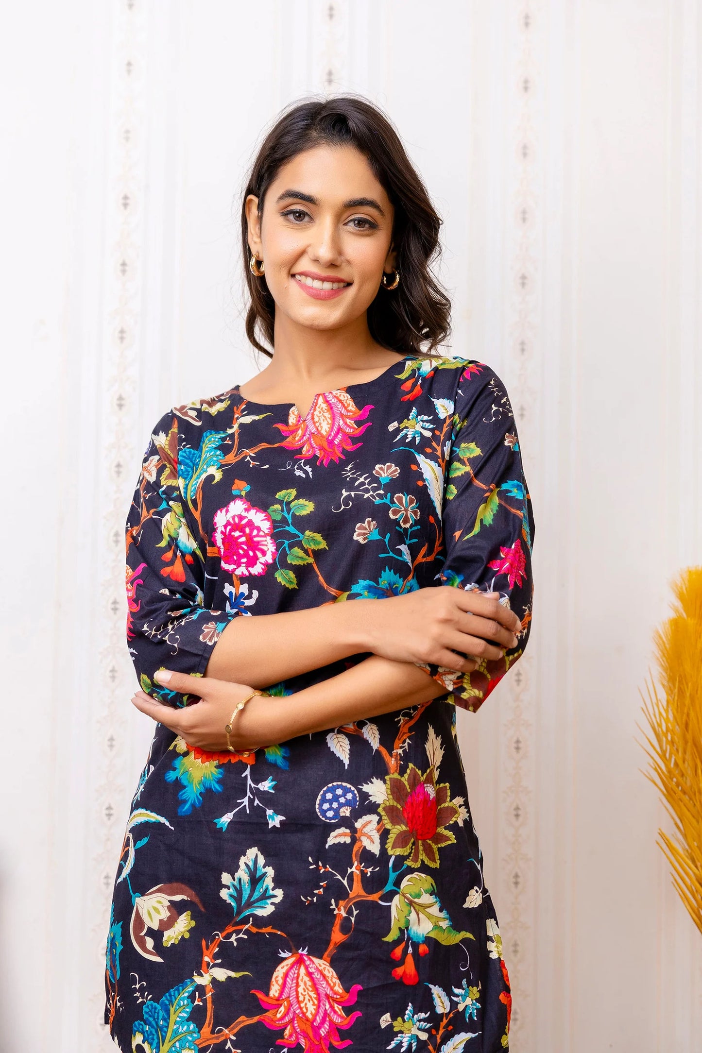 Vibrant Floral Print Black Cotton Co-ord Set with 3/4 Sleeves